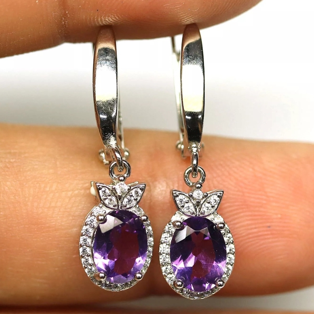 Elegant Sterling Silver Genuine Amethyst Huggie Dangle Earrings!♡ - Picture 2 of 3